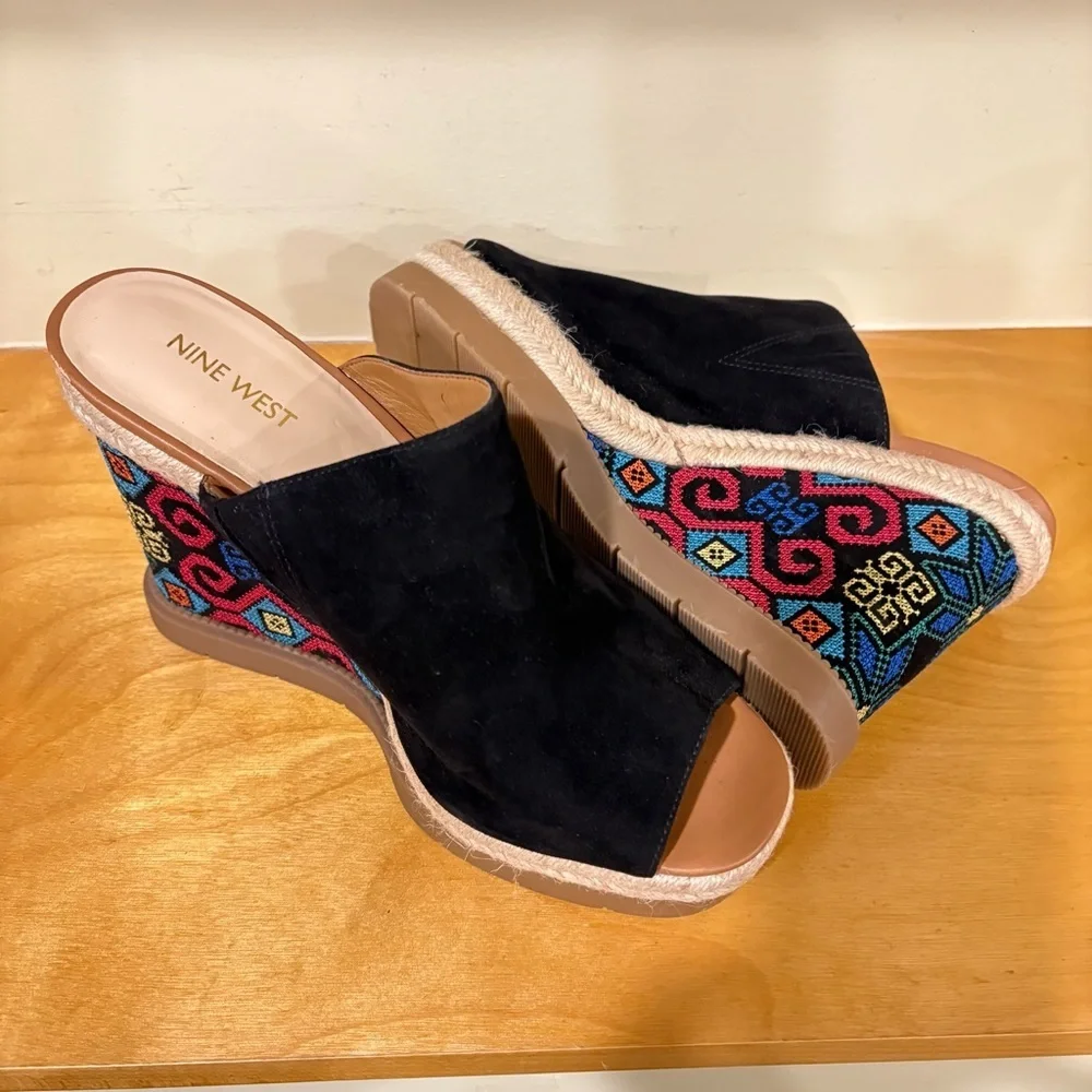 Nine West Black Color Wedge Peep-Toe Sandals